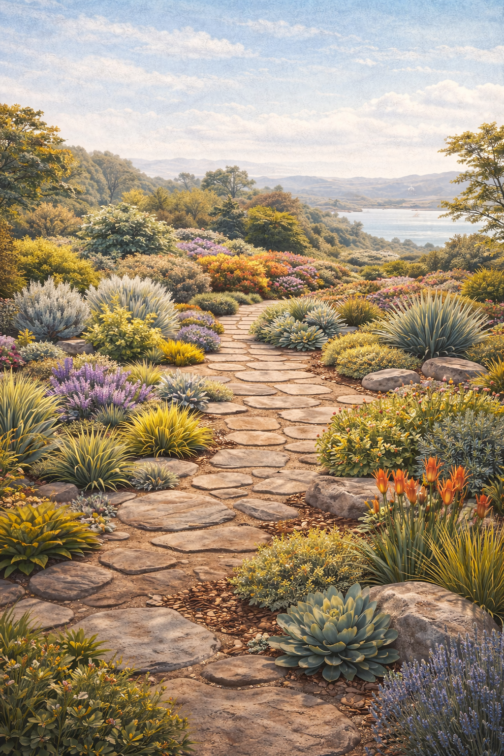 Custom garden with colorful flowers and stone pathways